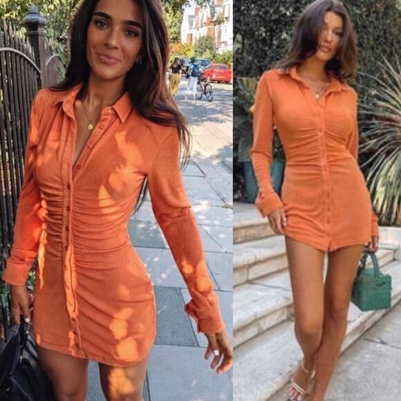 With Jean | Andy Dress Maple Ruched Front Slinky Shirt Dress Orange XS - Picture 13 of 14